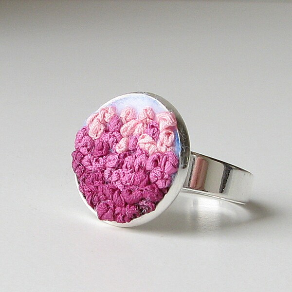 Pink ombre ring, embroidered jewelry, silk ribbon embroidery, pink adjustable ring