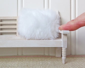 White faux fur dollhouse accent pillow, fuzzy miniature cushion, 1:12 scale dollhouse accessory