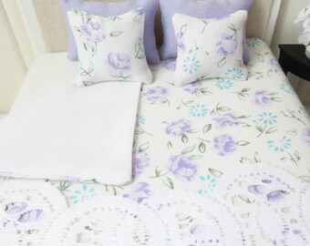 Purple Floral Dollhouse Bedding Set, Miniature bedspread with pillows
