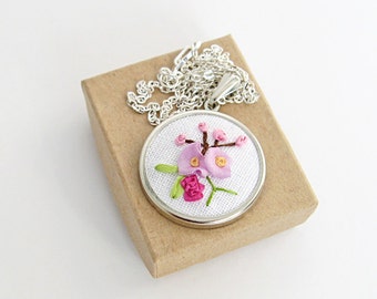 Pink flower necklace, pastel flowers jewelry, embroidered silk pendant, floral necklace, botanical jewelry, round pendant with chain