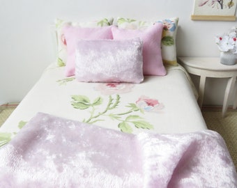 Floral dollhouse bedspread with lace border, 7 piece dollhouse bedding set 1/12th scale