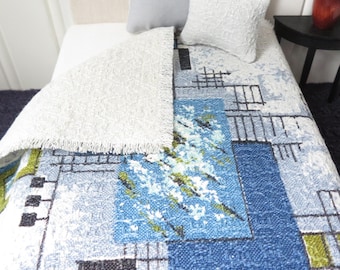 Retro Dollhouse bedding set in grey and blue barkcloth, Miniature bedspread and pillows