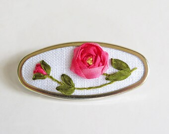 Pink rose brooch, June Birthday gift, Mother's Day gift, silk ribbon embroidered jewelry, oval brooch, botanical jewelry, pink flower pin