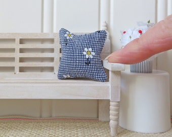 Dollhouse Miniature Pillow in navy houndstooth with white daisies