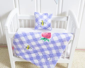 Purple seersucker gingham Dollhouse Crib Bedding, Miniature nursery blanket & pillow