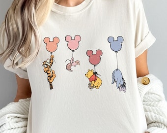 Chemise ballons Winnie l'ourson et ses amis Comfort Colors®, T-shirt mignon ourson Disney, T-shirt unisexe col rond pour adulte, enfant, jeune, tout-petit