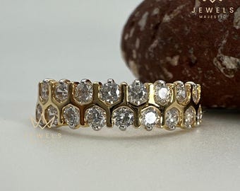 Honeycomb Moissanite Wedding Band Gold Hexagon Eternity Ring Double Row Cluster Anniversary Band 14k Gold Rings Unisex