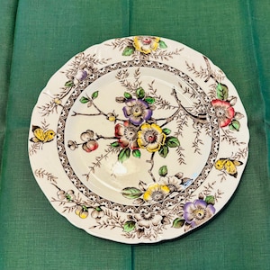 May include: A white ceramic dinner plate with a floral design. The plate features a brown, green, yellow, purple, and red floral pattern with butterflies on the rim.