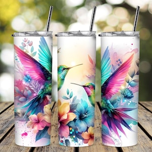 Blue Hummingbird And Flowers Tumbler Wrap, 20oz Skinny Tumbler, Floral Tumbler PNG Download, Sublimation Tumbler Design, Bird Tumbler Wrap