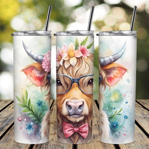 Highland Cow With Glasses Watercolor Tumbler Wrap, 20 oz Skinny Tumbler Sublimation Design, Digital Download, Highland Cow Tumbler Wrap, PNG