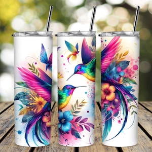 Blue Hummingbird And Flowers Tumbler Wrap, 20oz Skinny Tumbler, Floral Tumbler PNG Download, Sublimation Tumbler Design, Bird Tumbler Wrap