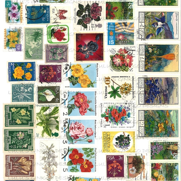 Digital Collage Sheet-International Postage Stamps-Flowers-5