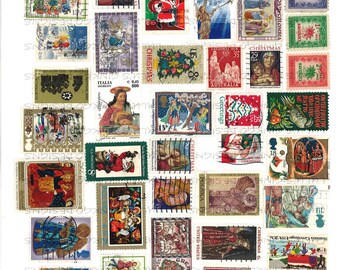 May include: A collection of various international postage stamps featuring Christmas and holiday themes, including illustrations of nativity scenes, Santa Claus, angels, winter landscapes, and festive floral designs with various denominations and text.