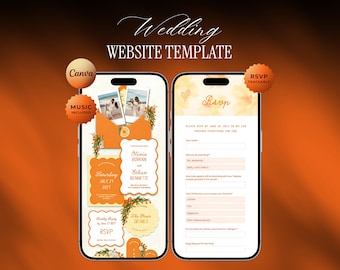 Orange Floral Wedding Website Template, Desert Garden Wedding Invite, Canva Editable Digital RSVP with Music