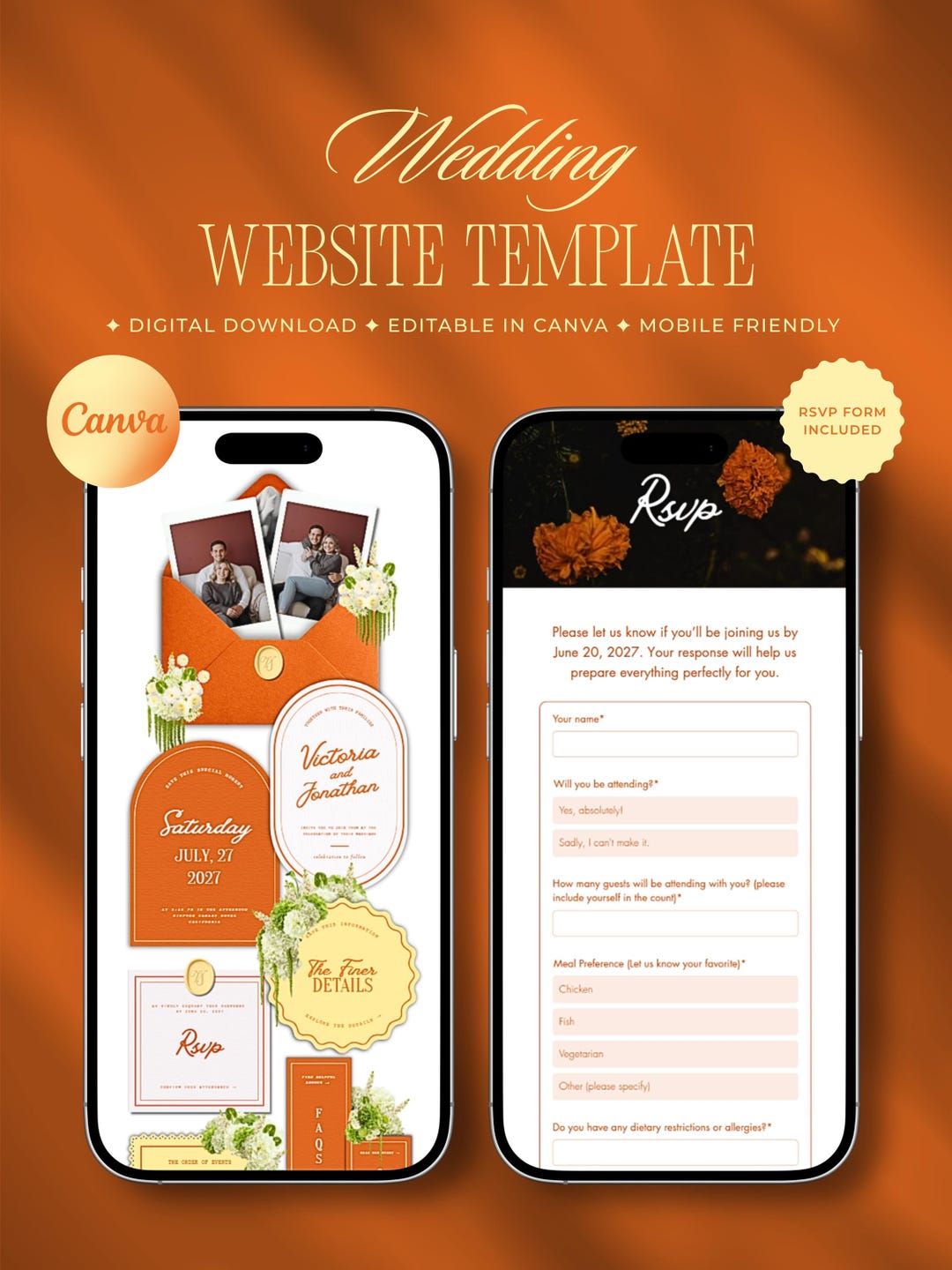 Wedding Website Template Editable in Canva With RSVP | Orange Floral ...