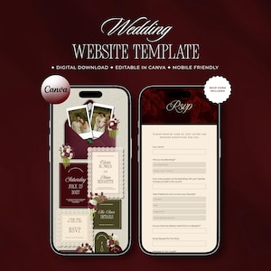 Burgundy Deep Olive Wedding Website Template Canva Editable, Digital Wedding Invitation, Online RSVP, Elegant Romantic Wedding Site