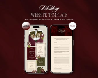 Burgundy Deep Olive Wedding Website Template Canva Editable, Digital Wedding Invitation, Online RSVP, Elegant Romantic Wedding Site