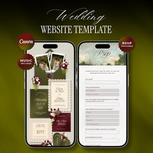 Deep Olive Wedding Website Template, Vineyard Garden Wedding Invite, Canva Editable Digital RSVP, Boho Romantic Wedding Site