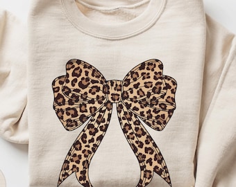 Leopard Print Bow Sweatshirt, Cute Big Bow Crewneck Pullover, Animal Print Aesthetic Sweater, Trendy Oversized Girly Fall Outfit, Sweet Gift