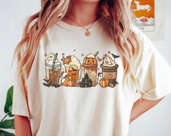 Comfort Colors Halloween Coffee Latte Shirt, Retro Pumpkin Fall Tee