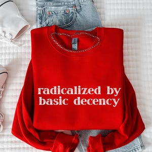 Radicalized by Basic Decency Sweatshirt, Political Graphic Pullover, Feminist Activist Crewneck, Social Justice Gift, Fun Progressive Jumper