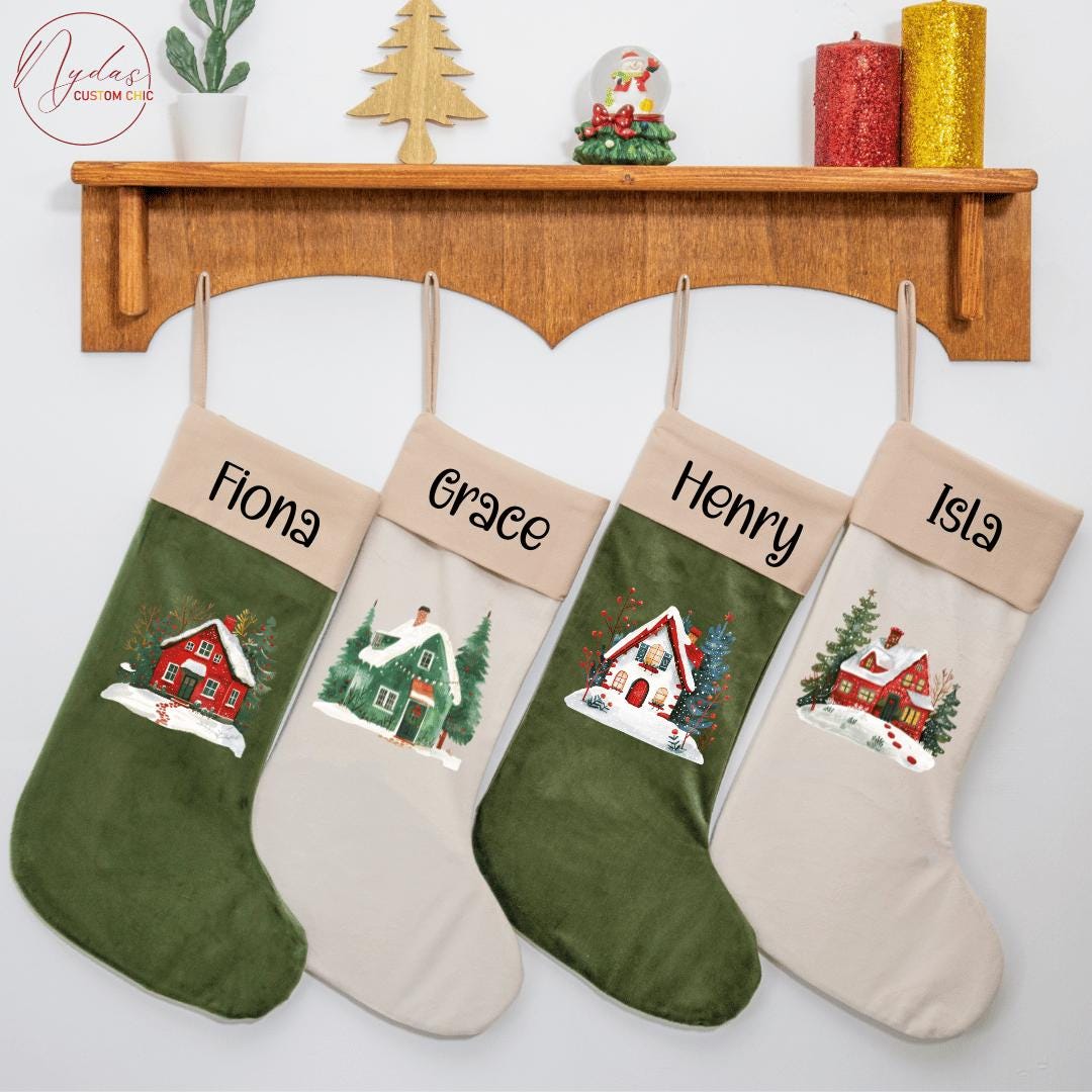 Discover Personalized Velvet Christmas Stocking, Holiday Cottage Stocking with Name, Custom Velvet Xmas Stocking for Family, Fun Fireplace Dcor Bone