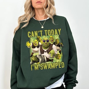 May include: Dark green sweatshirt with the text "CAN'T TODAY I'M SWAMPED" and a graphic of Shrek and other characters from the movie. The sweatshirt has a white collar.