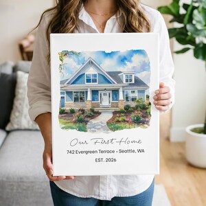 Custom Watercolor House Portrait From Photo, Personalised Home Canvas Wall Art, Our First Home Gift