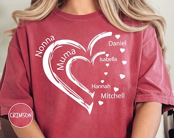 Custom Name Grandma Shirt, Personalized Kid's Name Tee, Family Names Double Heart Shirt, Customized Layered Heart T-shirt, Mother's Day Gift