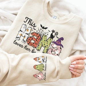 Custom Halloween Mama Sweatshirt with Kids Name on Sleeve Sweatshirt, Cool Mama Halloween Sweatshirt, Mama Halloween Gift,Custom Mama