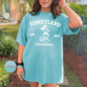 A woman wearing a teal t-shirt with a Disney Mickey Mouse graphic and text, standing in a garden setting.