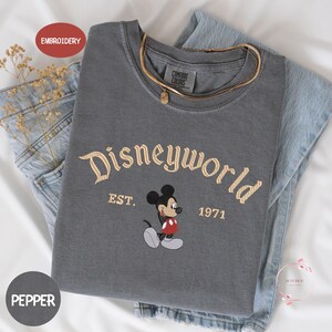 a gray t-shirt with a Disneyworld logo and text, along with a pair of denim jeans and a small floral arrangement.
