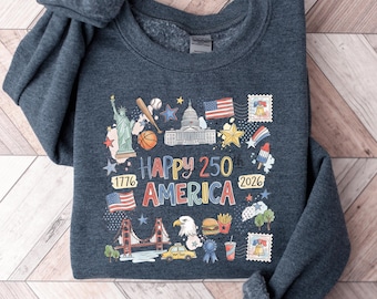 Happy 250th Birthday USA Sweatshirt, America 250 Crewneck, Patriotic 4th of July Sweater, 1776-2026 American Icons Pullover