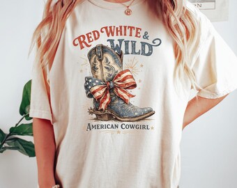 Red White & Wild American Girl Shirt, Western 4th of July Tee, Patriotic Cowgirl Shirt, American Flag Independence Day T-Shirt