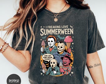 Summerween Shirt, I Freaking Love Summerween Tee, Funny Horror Movie Ice Cream T-Shirt, Halloween in Summer Top, Spooky Beach Shirt Gift