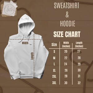 a white hoodie with measurements and sizes listed below it, indicating the dimensions for different sizes.