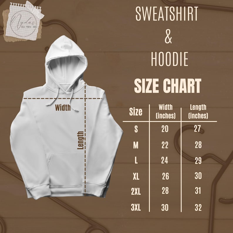 a white hoodie with measurements and sizes listed below it, indicating the dimensions for different sizes.