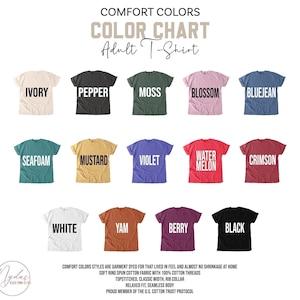 a color chart for adult t-shirts, featuring various color options such as Ivory, Pepper, Moss, Blossom, Bluejeans, Seafoam, Mustard, Violet, Watermelon, Crimson, White, Yam, Berry, Black, and Berry.