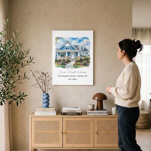 Personalized Watercolor House Portrait, Watercolor Canvas Print, Stretched Wood, Sizes 8x8-36x36