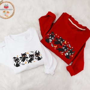 Sweat à capuche brodé chat noir d&#39;Halloween, sweat-shirt chats effrayants avec lunes et étoiles, pull d&#39;automne mignon pour les amoureux des chats, cadeau chaton