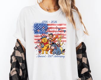 Disneyland Balloons Pooh and Friends Patriotic Shirt, 4th of July Disney Tee, America 250 Celebration Shirt, Vintage USA Vacation Tee