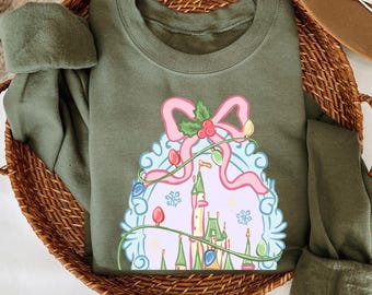 Disney Castle Christmas Sweatshirt, Pink Holiday Lights Crewneck, Magical Disney Castle Pullover, Cozy Winter Park Outfit Gift