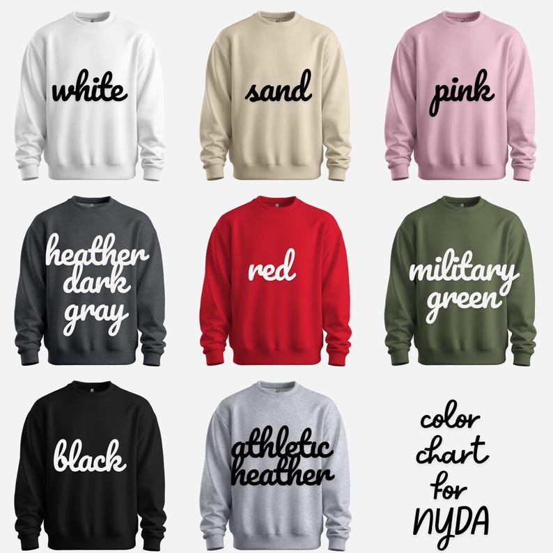 nine different sweatshirts, each with a unique color and design, arranged in a 3x3 grid.