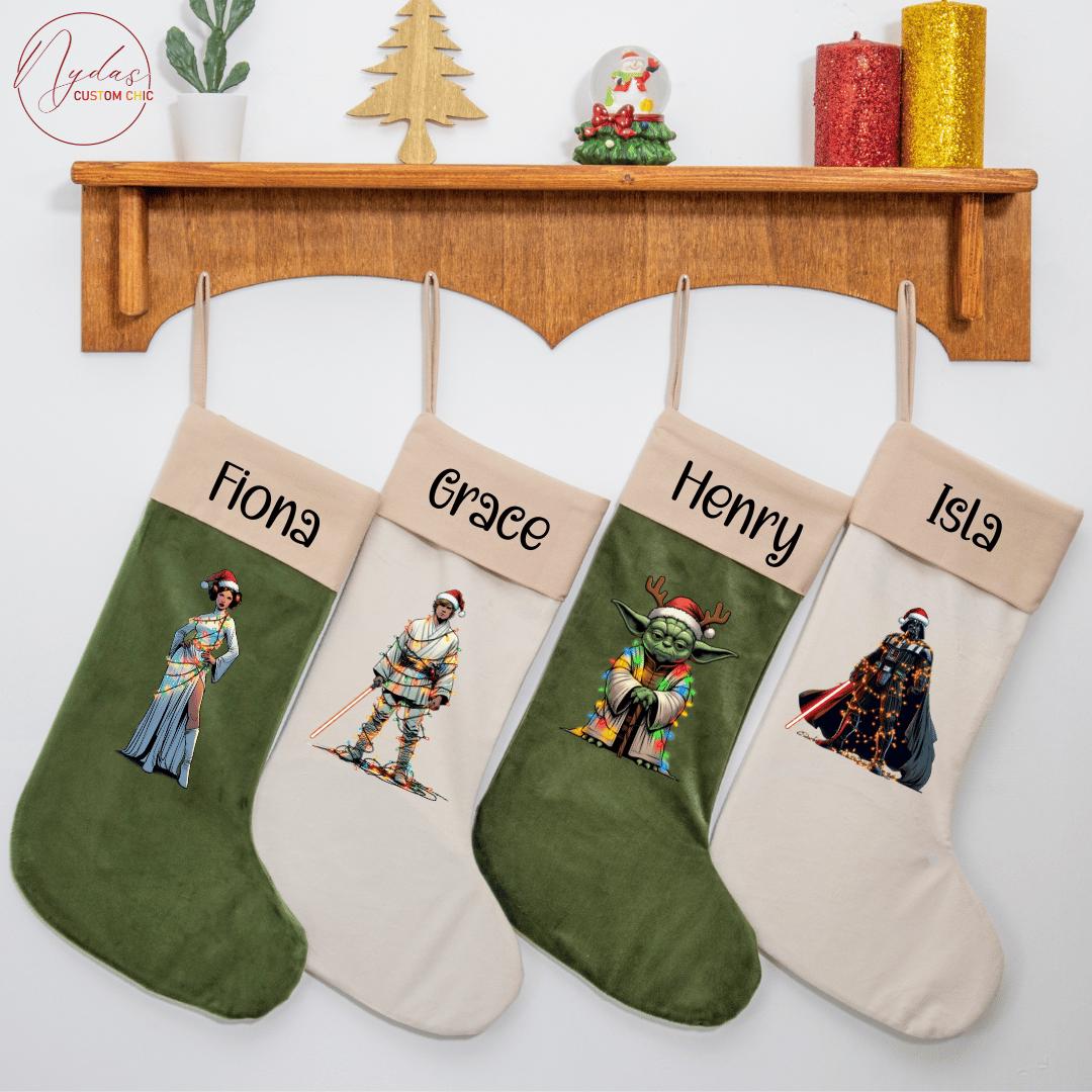 Discover Personalized Velvet Christmas Stocking, Star Wars Character Stocking with Name, Custom Velvet Xmas Stocking, Bone for Family Holiday Dcor