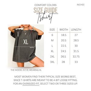 May include: Size chart for a t-shirt with measurements in inches. The chart shows the width and length of the shirt in sizes S, M, L, XL, 2XL, 3XL. The model is wearing a size XL t-shirt.