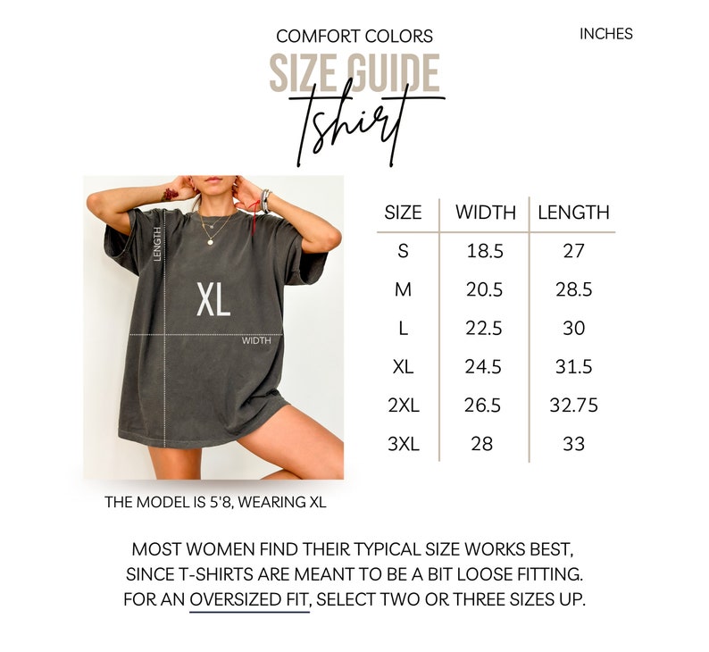 May include: Size chart for a t-shirt with measurements in inches. The chart shows the width and length of the shirt in sizes S, M, L, XL, 2XL, 3XL. The model is wearing a size XL t-shirt.