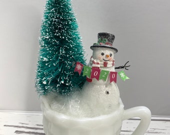 Vintage up-cycled Milkglass creamer with Snowman and Tree 2020