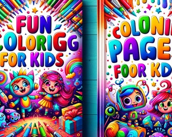 May include: Two colourful book covers with the text "Fun Coloring for Kids" and "Coloring Pages for Kids". Both covers feature cartoon characters and colourful backgrounds.
