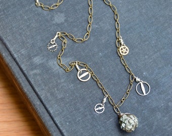 SALE. Rustic pyrite and vintage watch gear necklace