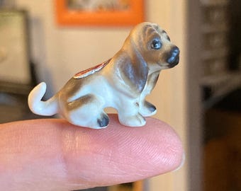 Vintage Miniature Basset Hound Figurine: Japanese Bone China, 1950s